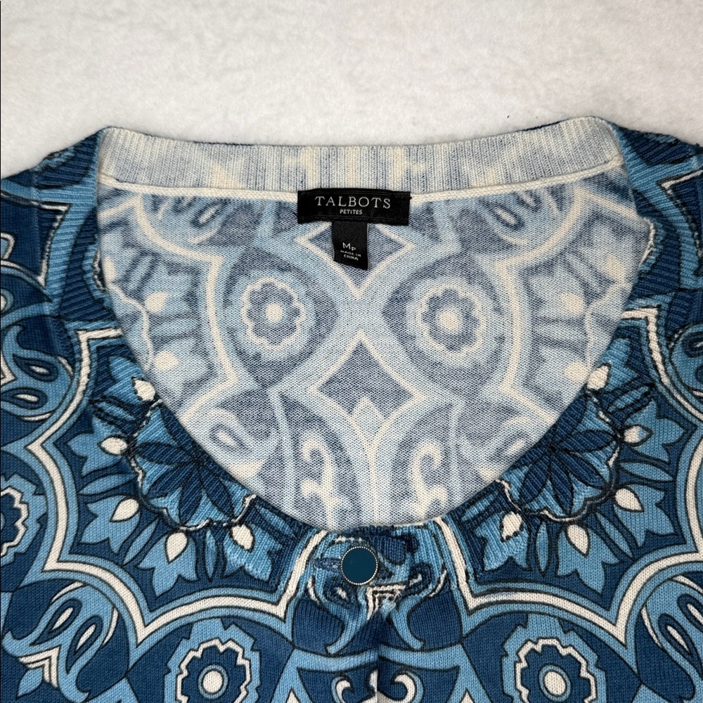 Talbots Blue and White Geometric Button Cardigan - Picture 3 of 10